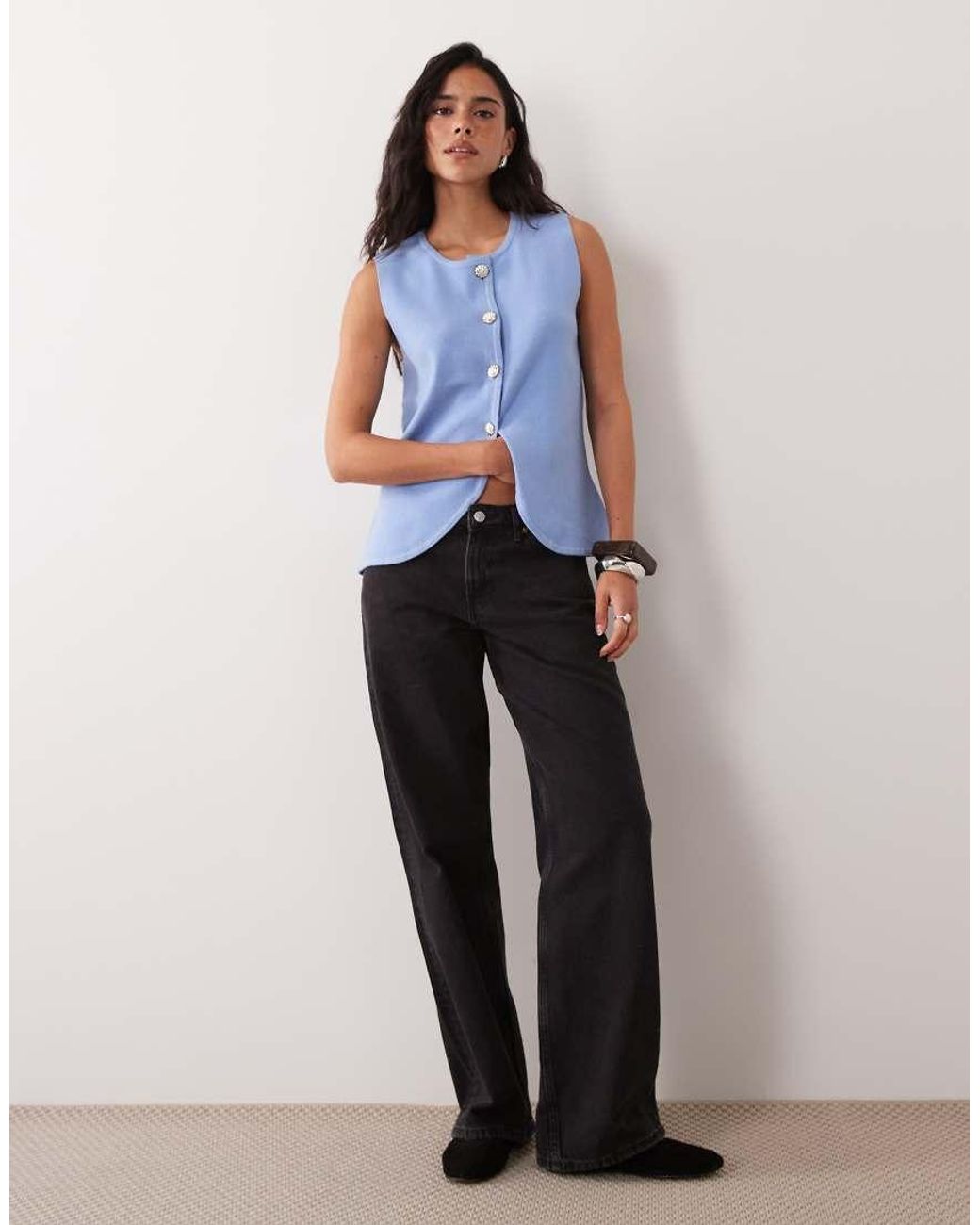 Brave Soul Blue Compact Knit Waistcoat With Contrast Buttons