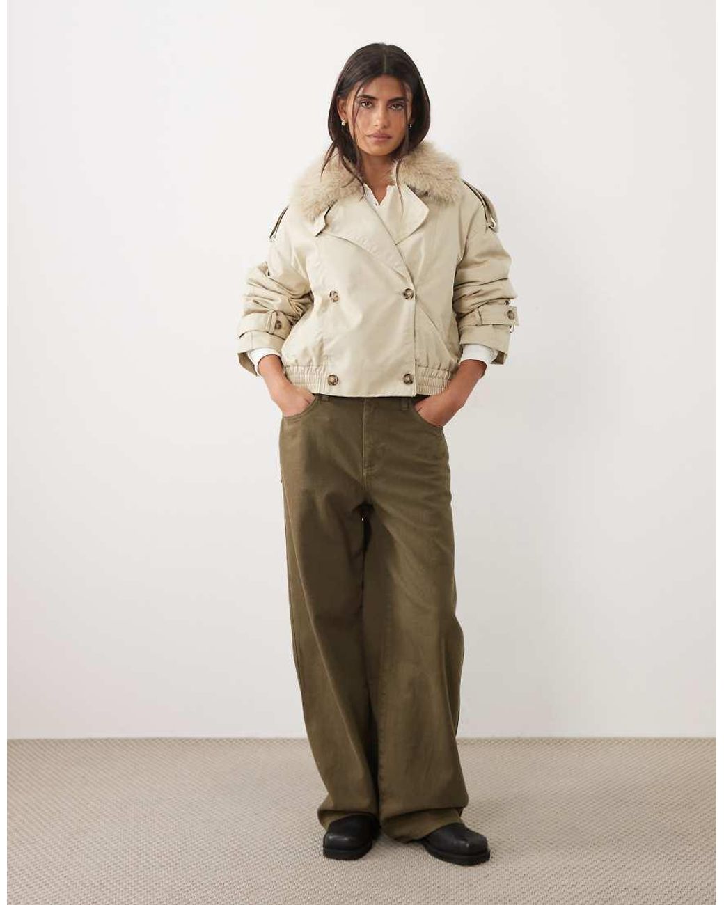 Gina Tricot Natural Short Faux Fur Collar Jacket