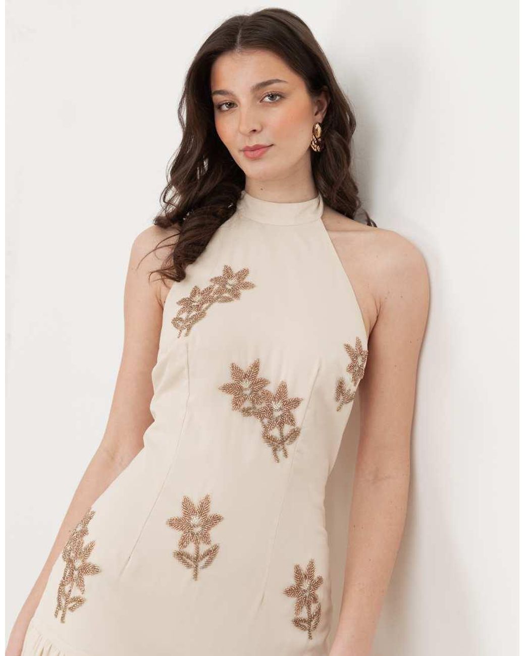 Maya Natural Embellished Drop Waist Halter Neck Midaxi Dress