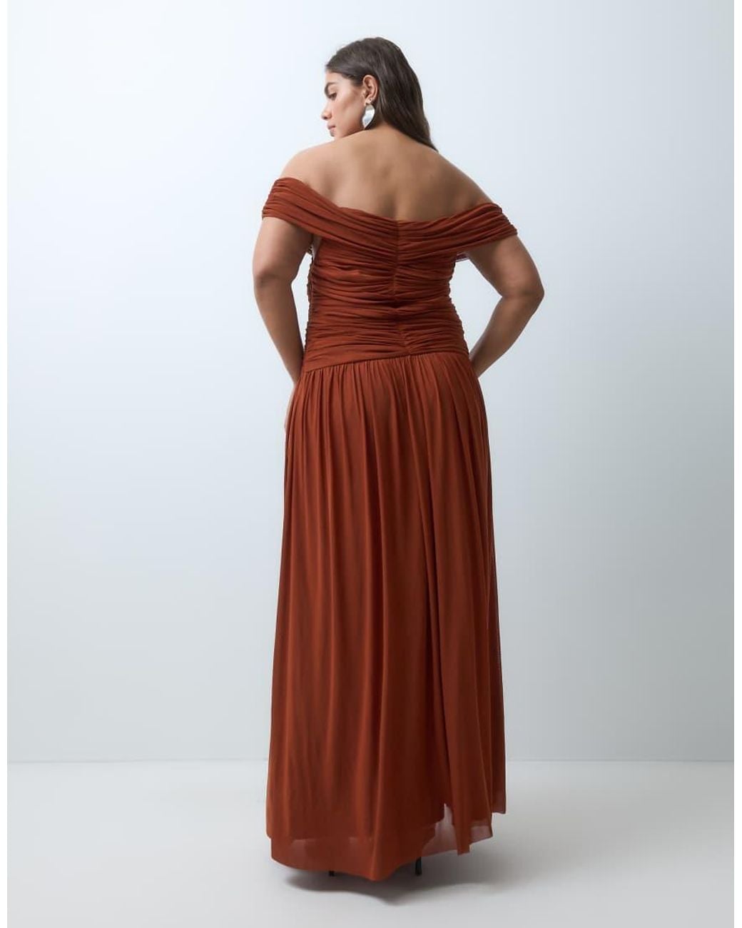 Lace & Beads Plus Brown Mesh Off Shoulder Shirred Drop Waist Maxi Dress