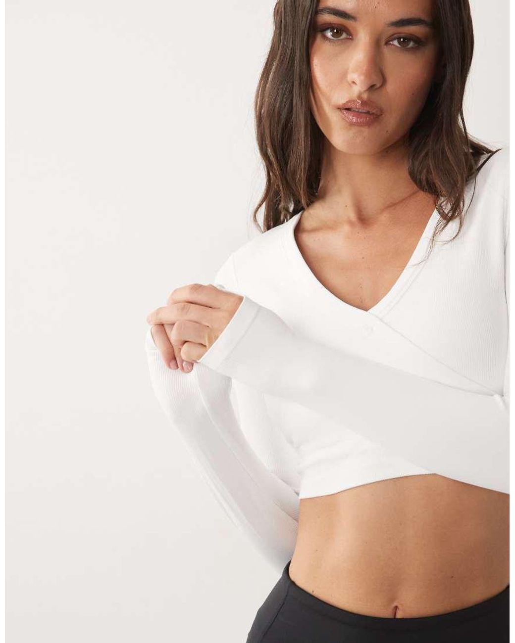 4505 White Seamless Baby Rib Wrap Front Long Sleeve Top