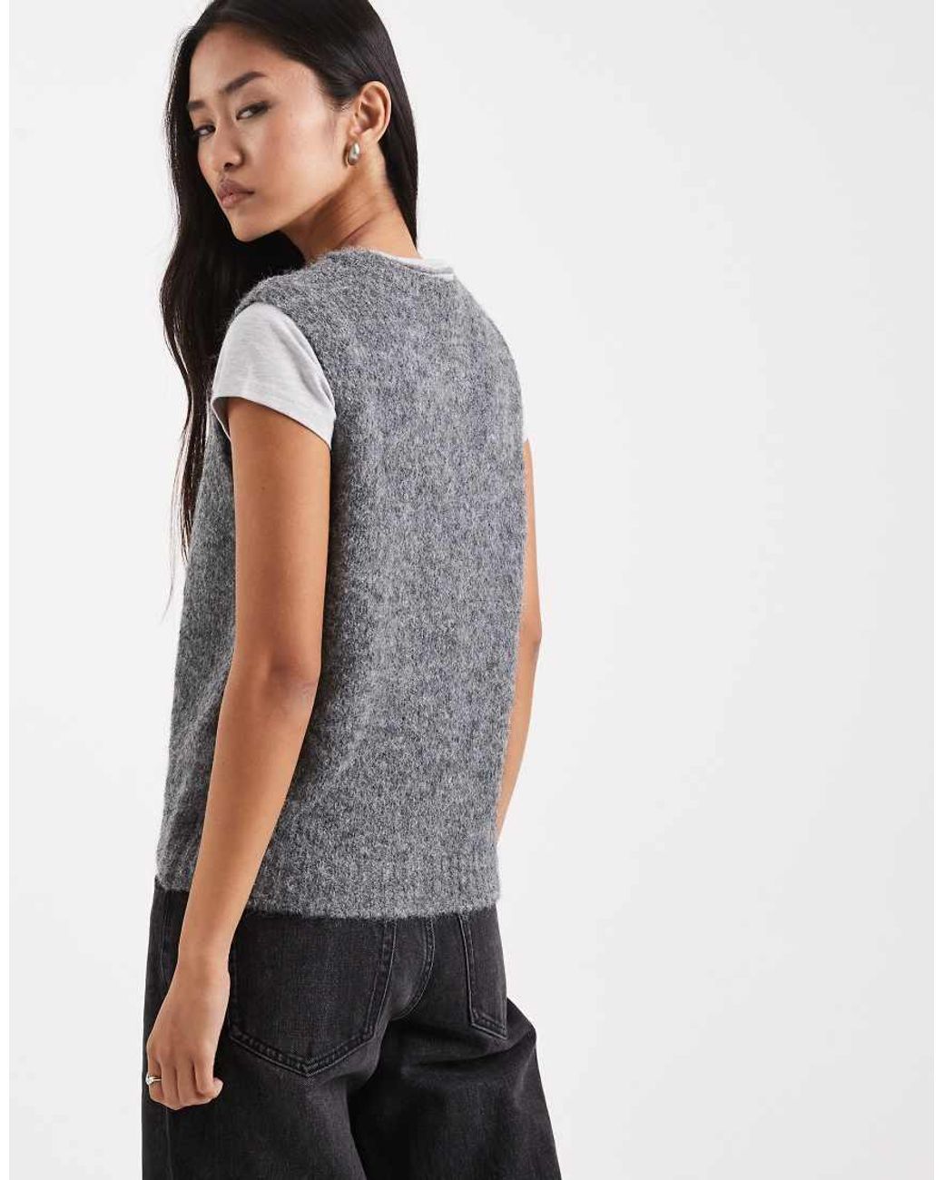 Vero Moda Gray Soft Fluffy Knit Rib Button Front Vest