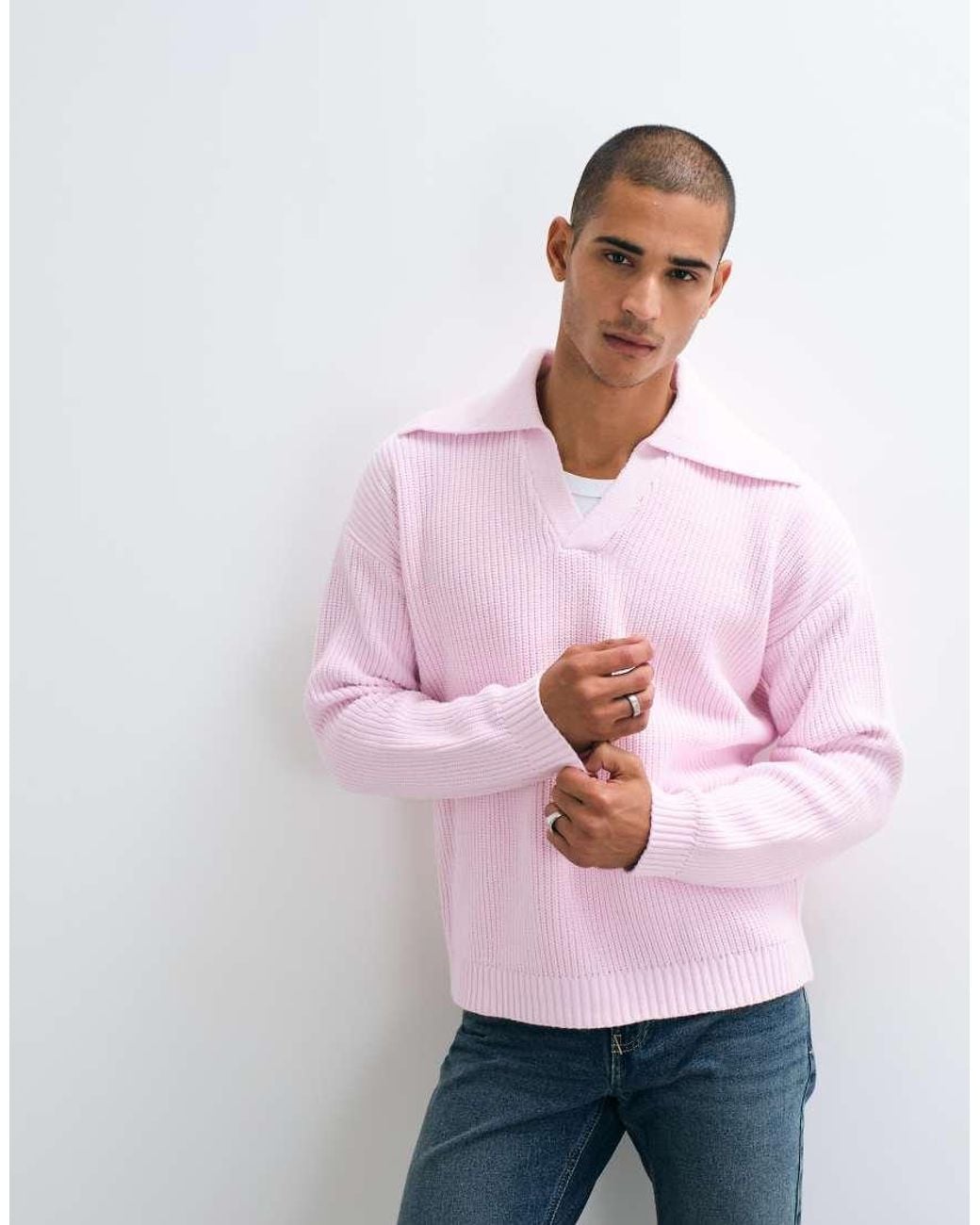 ASOS Pink Oversized Knitted Extreme Open Collar Polo Jumper for men