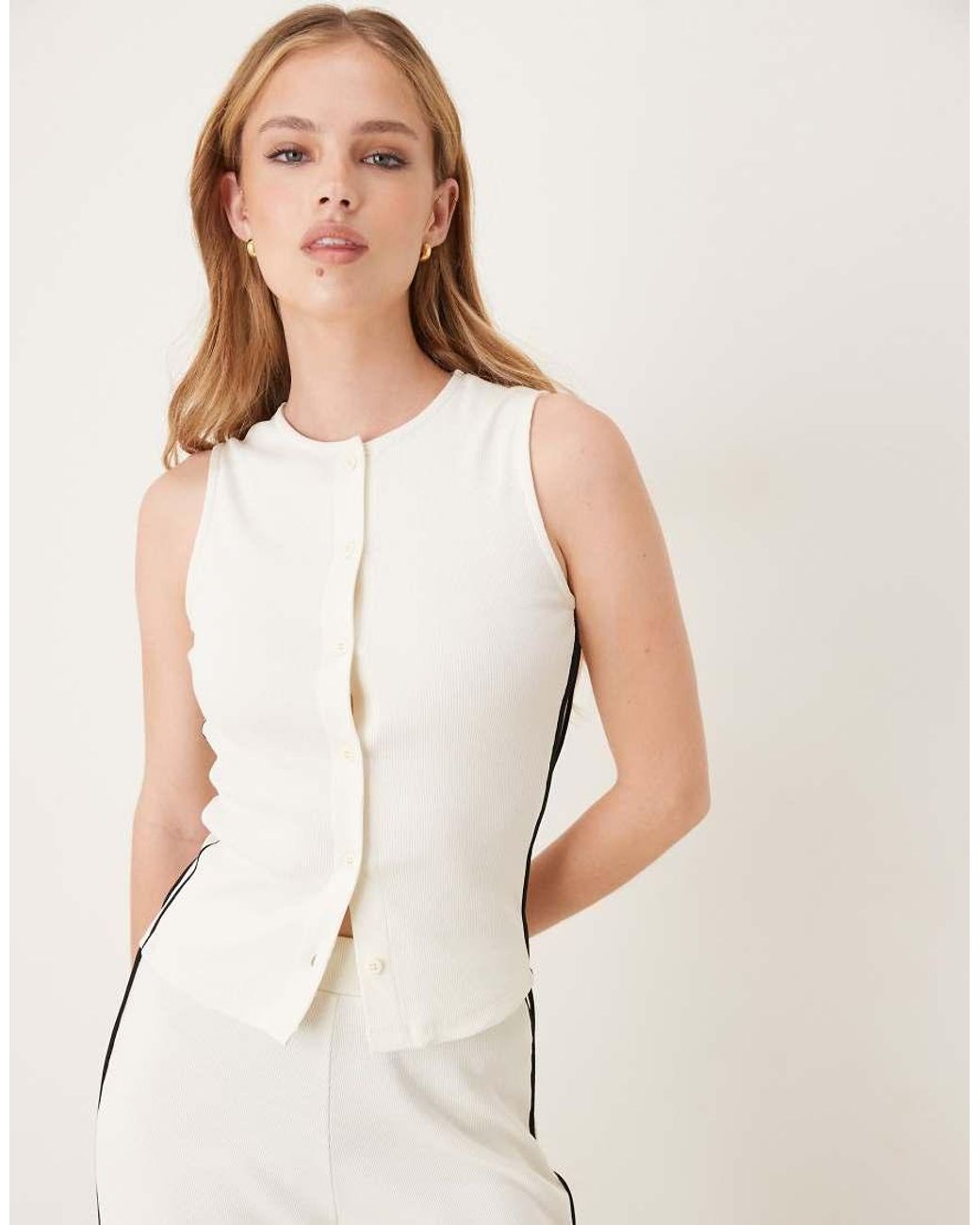ASOS Natural Co-ord Crew Neck Button Up Top With Contrast Piping