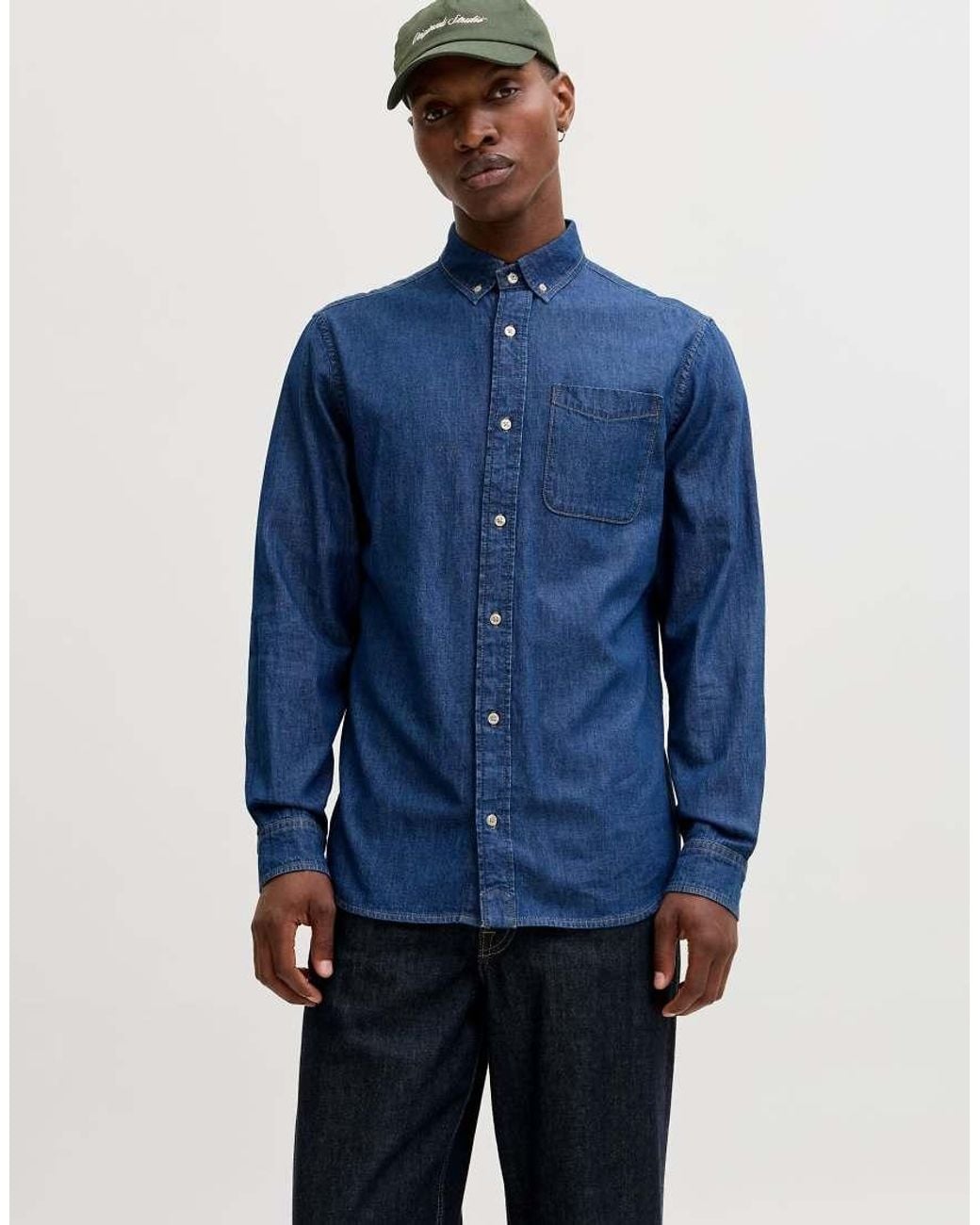 Jack & Jones Blue Brook Denim Button-down Collar Long Sleeve Shirt for men