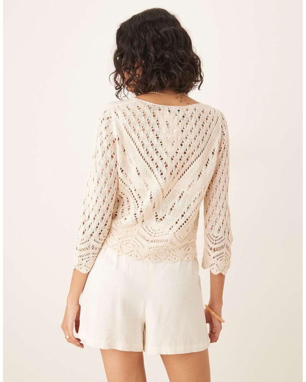 Jdy White Open Knit Scallop Edge Top