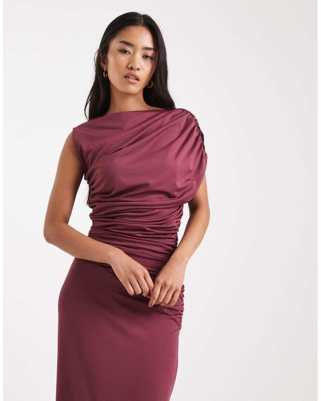 4th & Reckless Red Exclusive Double Laye Slinky Drape Off Shoulder Detail Sleeveless Maxi Dress