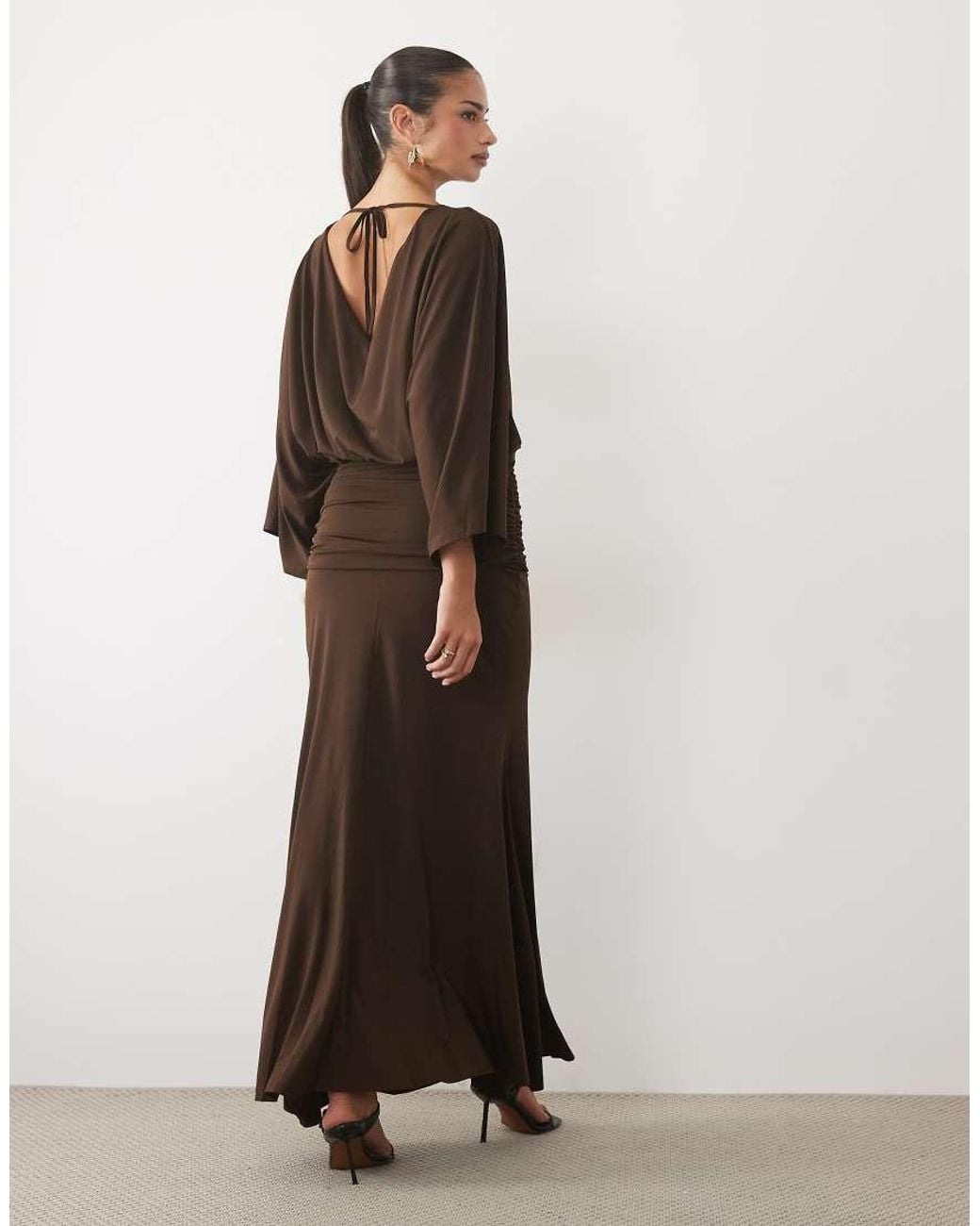 Pretty Lavish Brown Slinky Slash Neck Batwing Sleeve Draped Maxi Dress