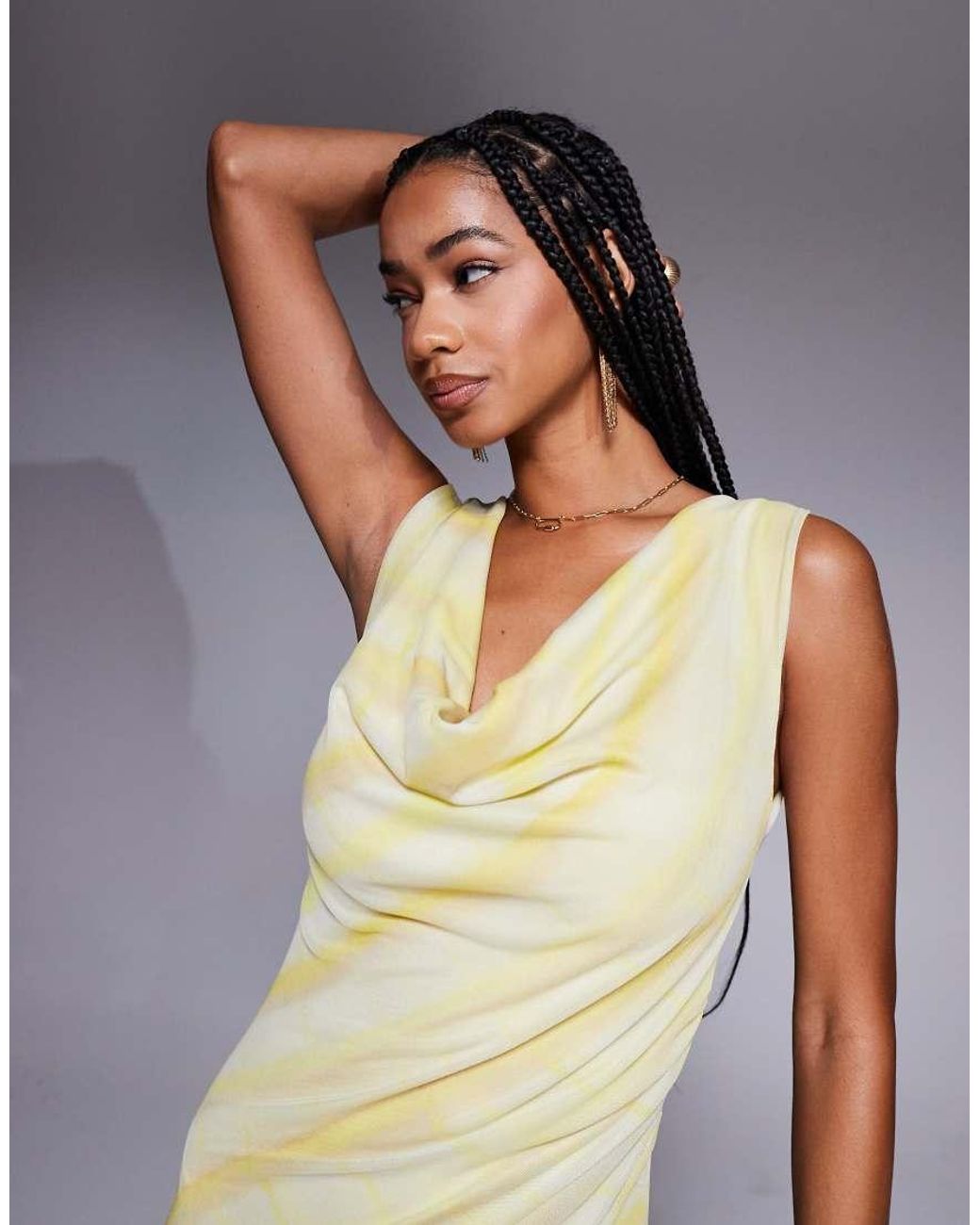 ASOS Metallic Deep Cowl Neck Mesh Maxi Dress With Twisted Strap