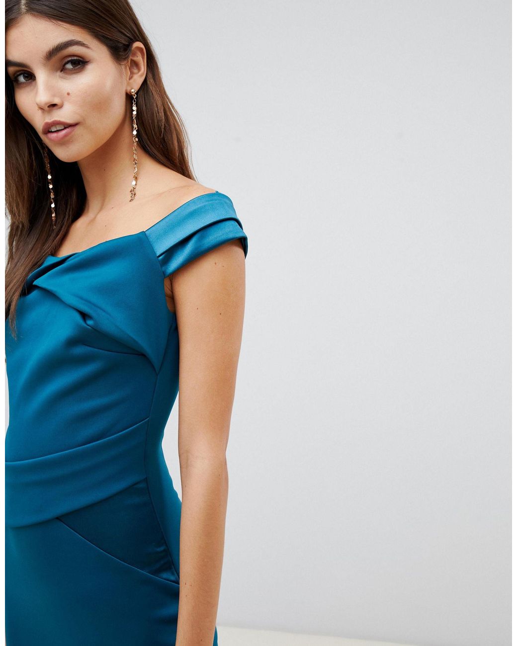 Lipsy bardot satin maxi dress with asymmetric hem in teal sales