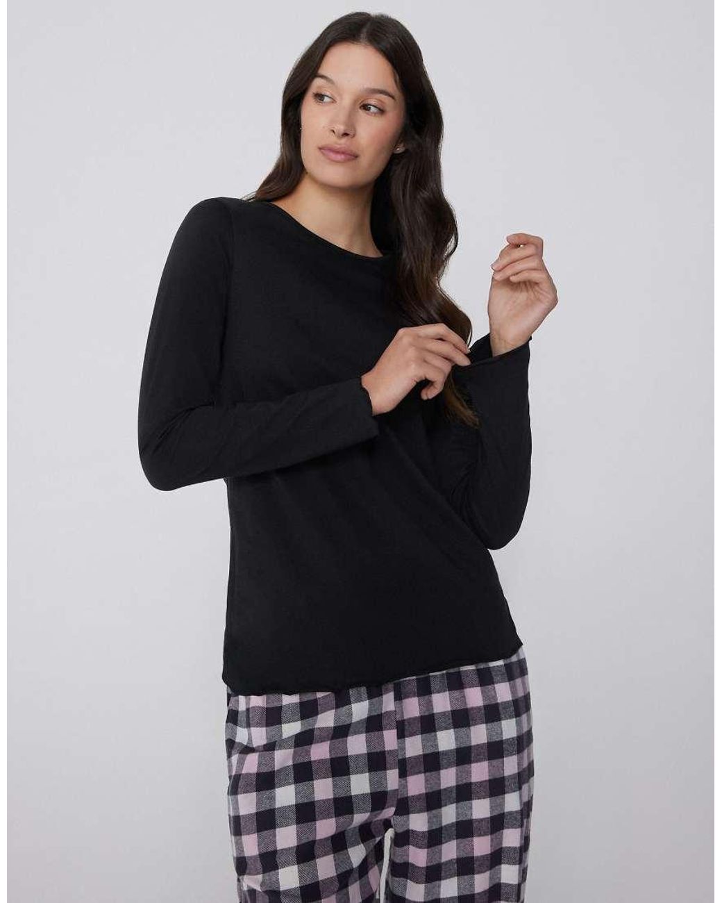 Tezenis Black Long Sleeve Cotton Top With Rolled Hem