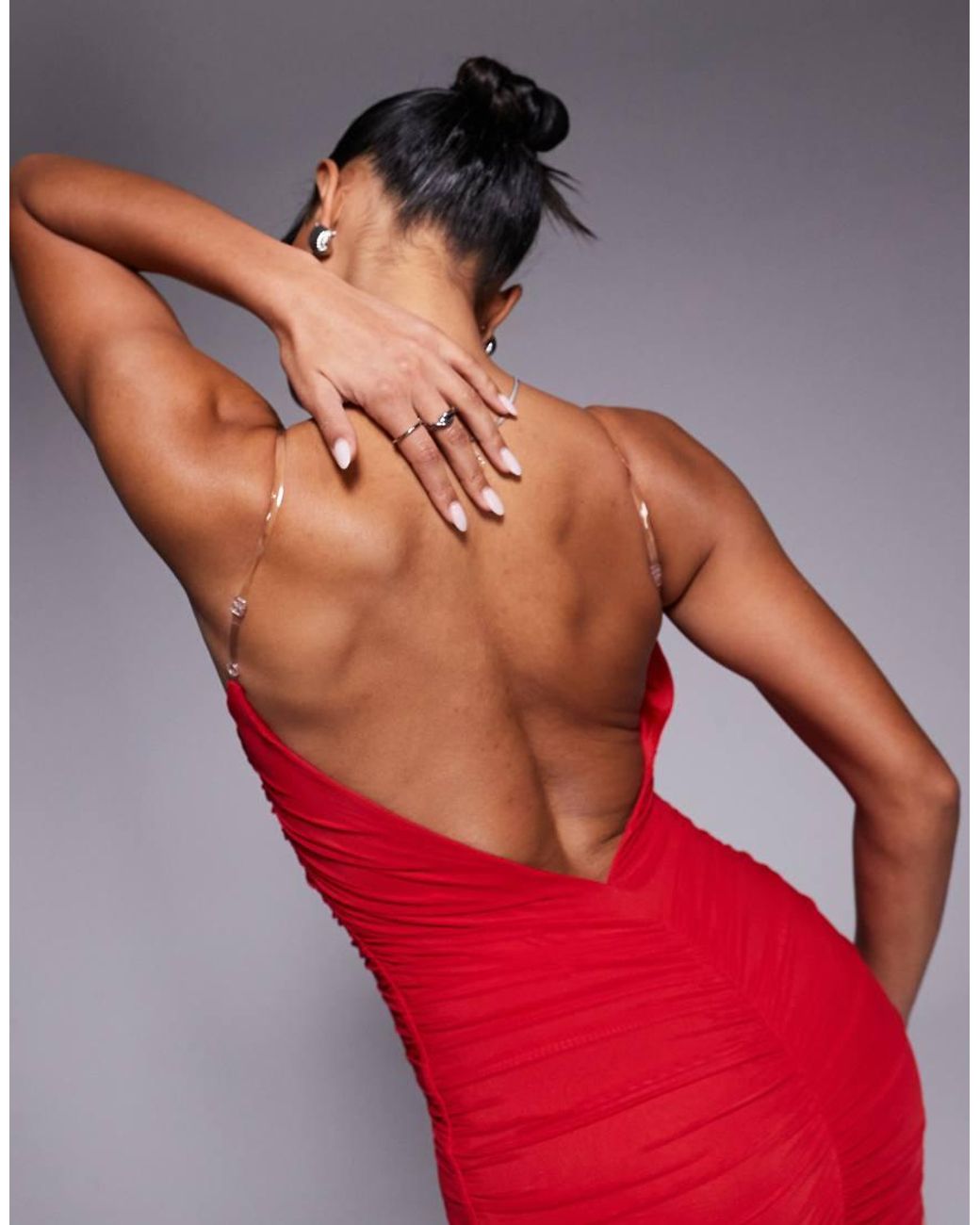 Oh Polly Red Femi Bandeau Ruched Mini Dress With Clear Straps