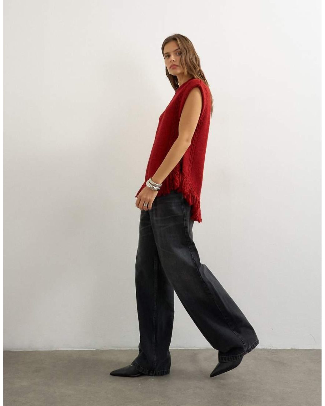 TOPSHOP Red Knitted Fringe Poncho