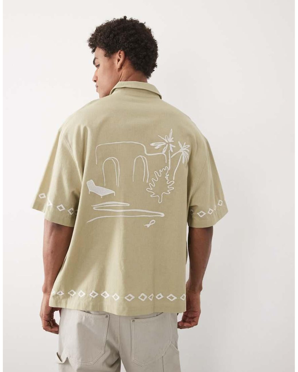 ASOS Natural Oversized Shirt With Linen And Embroidery for men