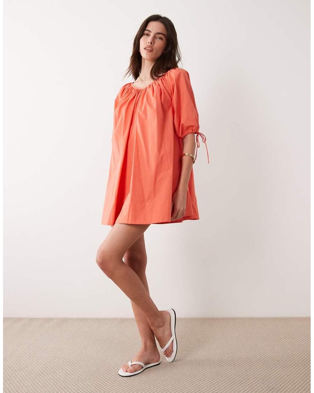 ASOS Red Scoop Neck Poplin Mini Dress With Tie Sleeves