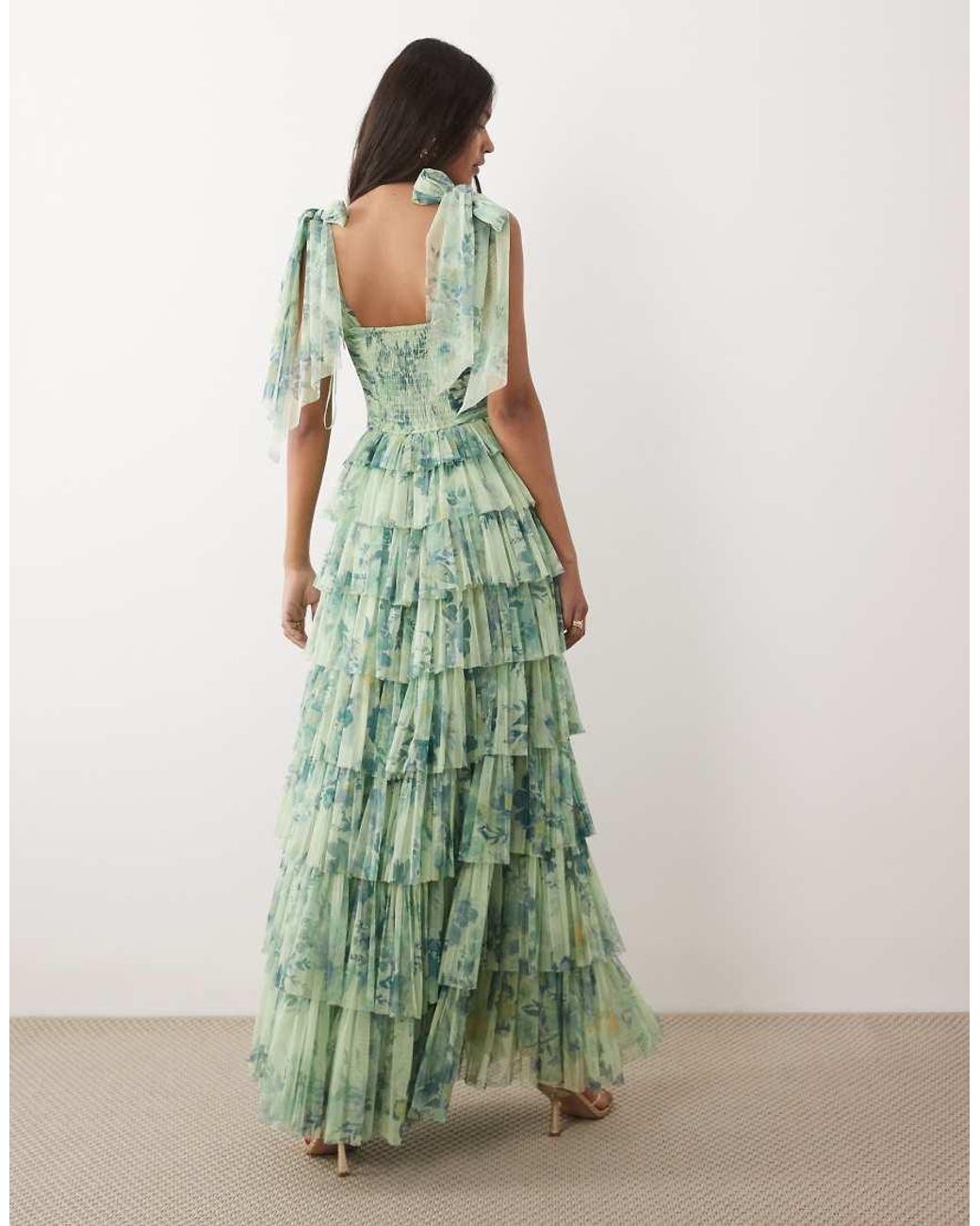 LACE & BEADS Green Bridesmaid Tulle Bow Shoulder Maxi Dress