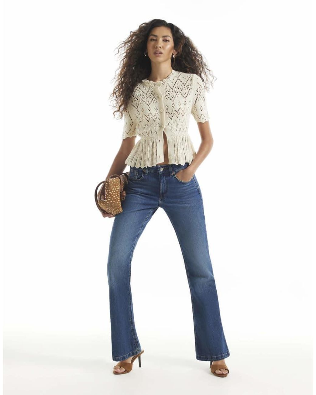 River Island White Crochet Knit Style Peplum Hem Polo Top