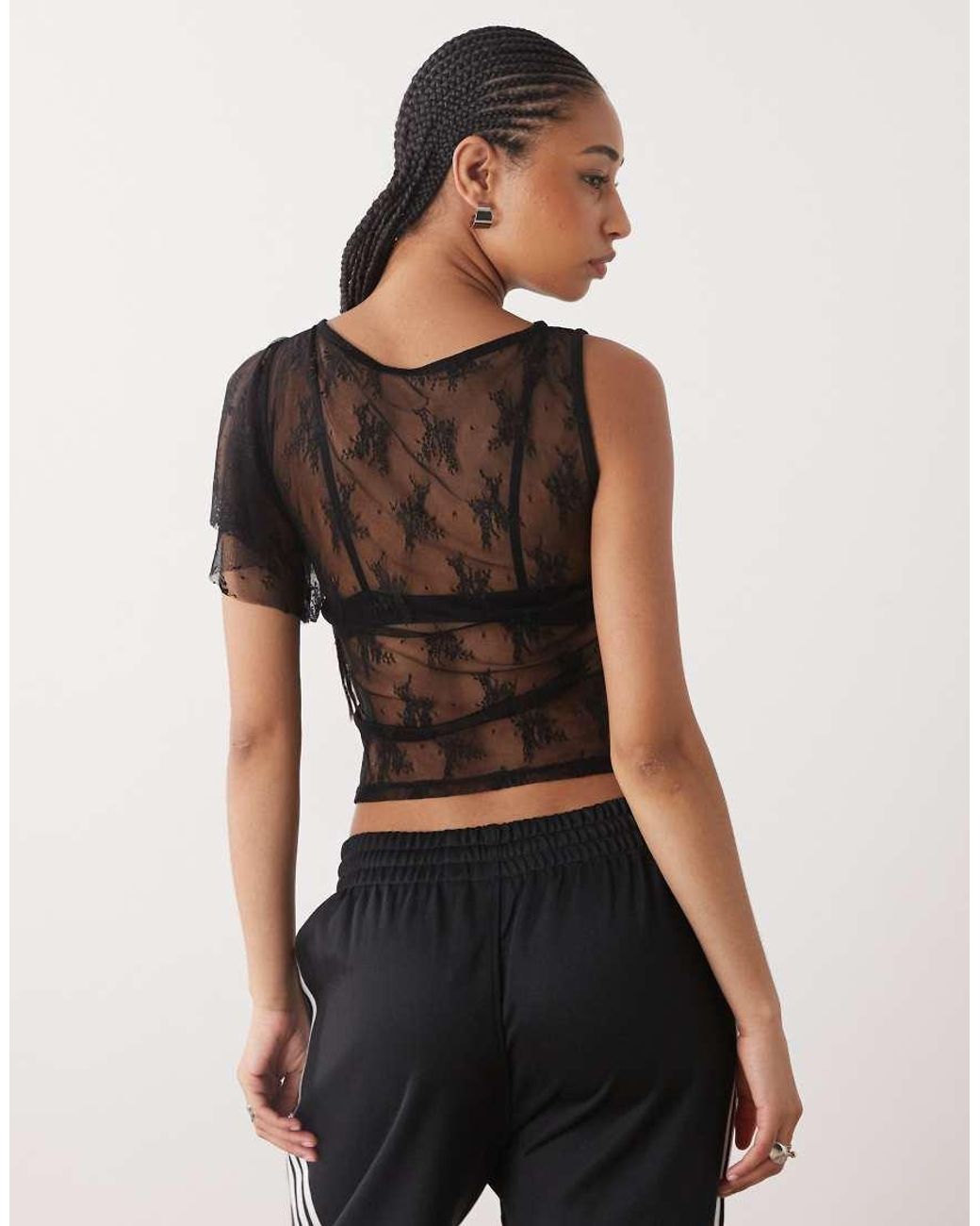 Collusion Black Lace Flutter One Shoulder Top