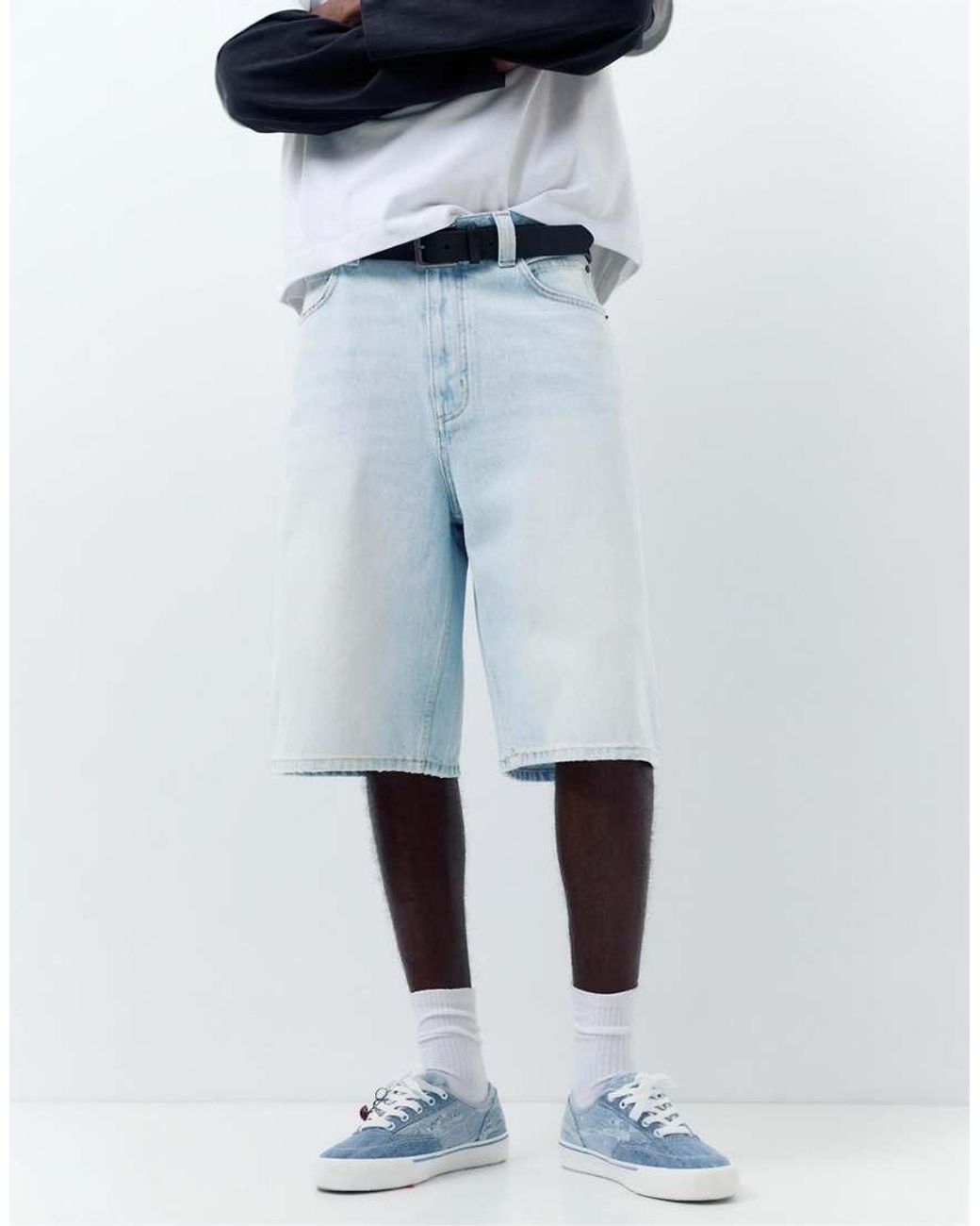 Pull&Bear White Skater Denim Bermuda Shorts for men