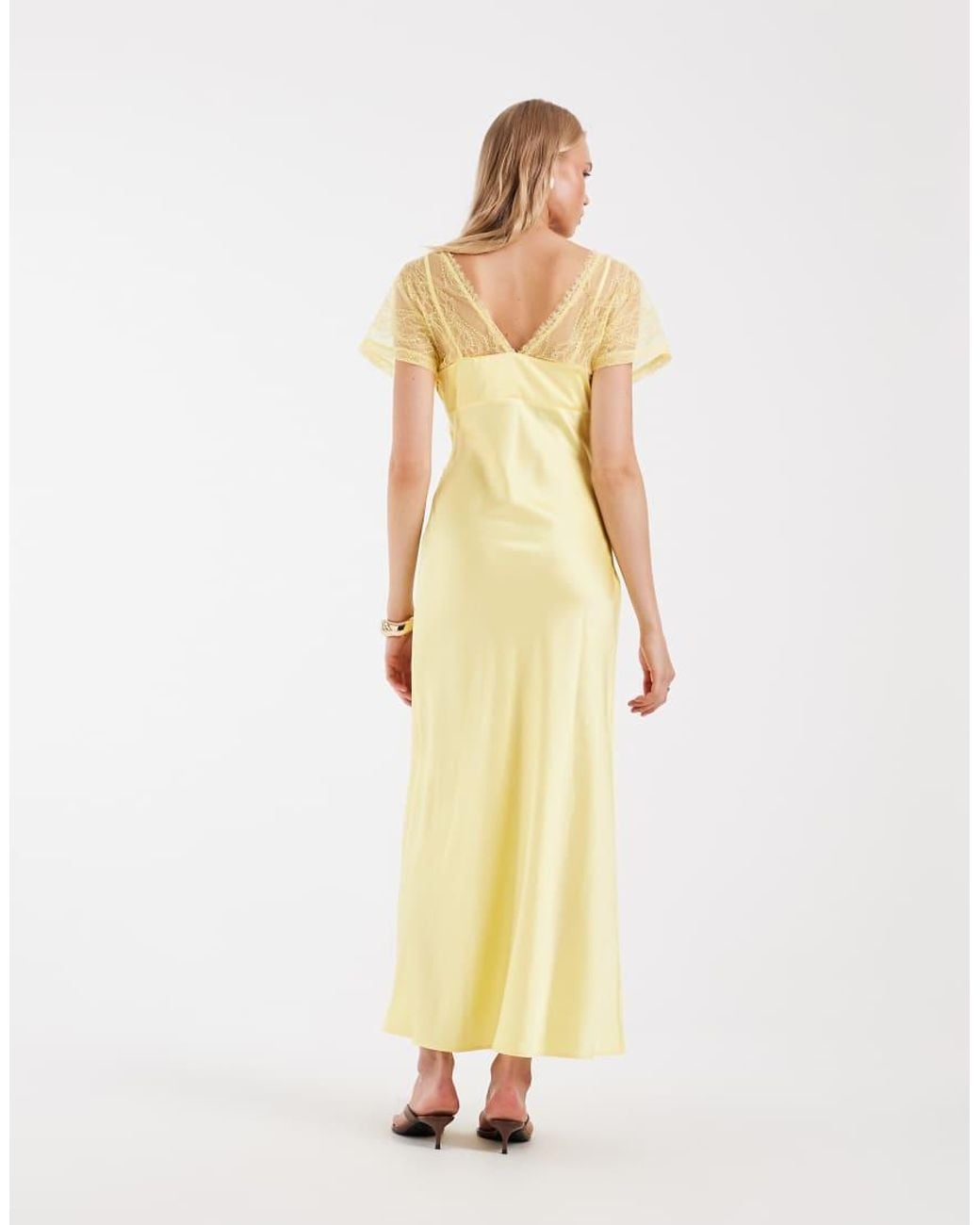 ASOS Yellow V Neck Satin Maxi Dress With Lace Detail