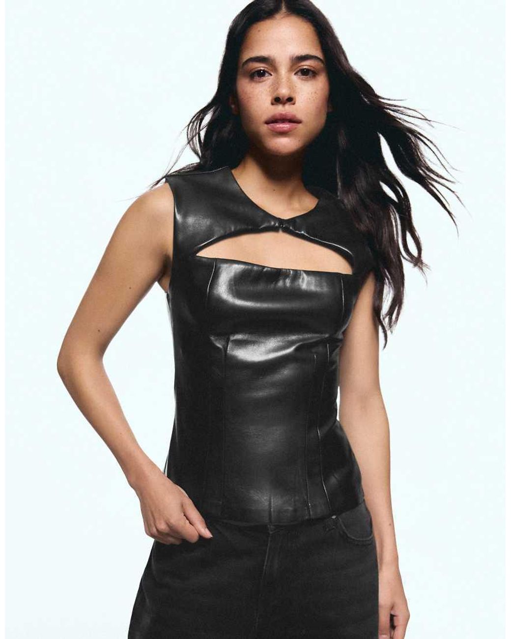 Bershka Blue Sleeveless Leather Effect Cut-out Top