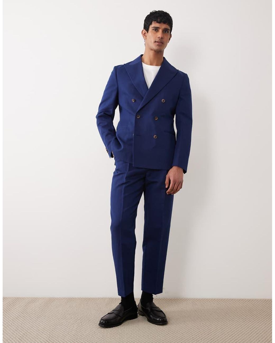 ASOS Blue Slim Linen Rich Double Breasted Suit Jacket for men