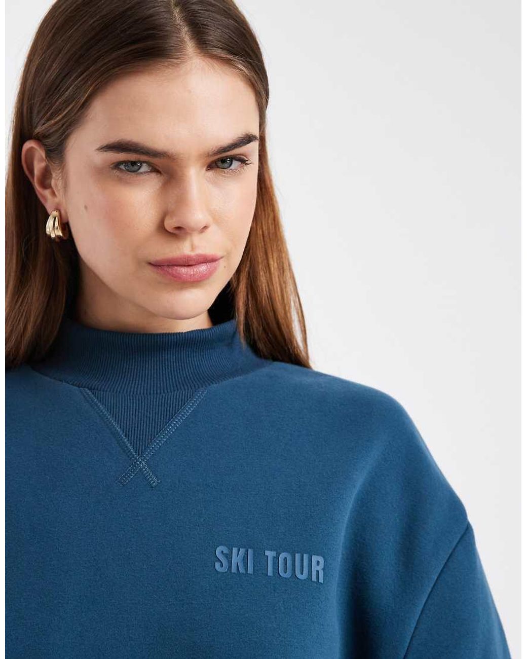 Cotton On Blue Plush Mock Neck Sweatshirt With Ski Tour Graphic