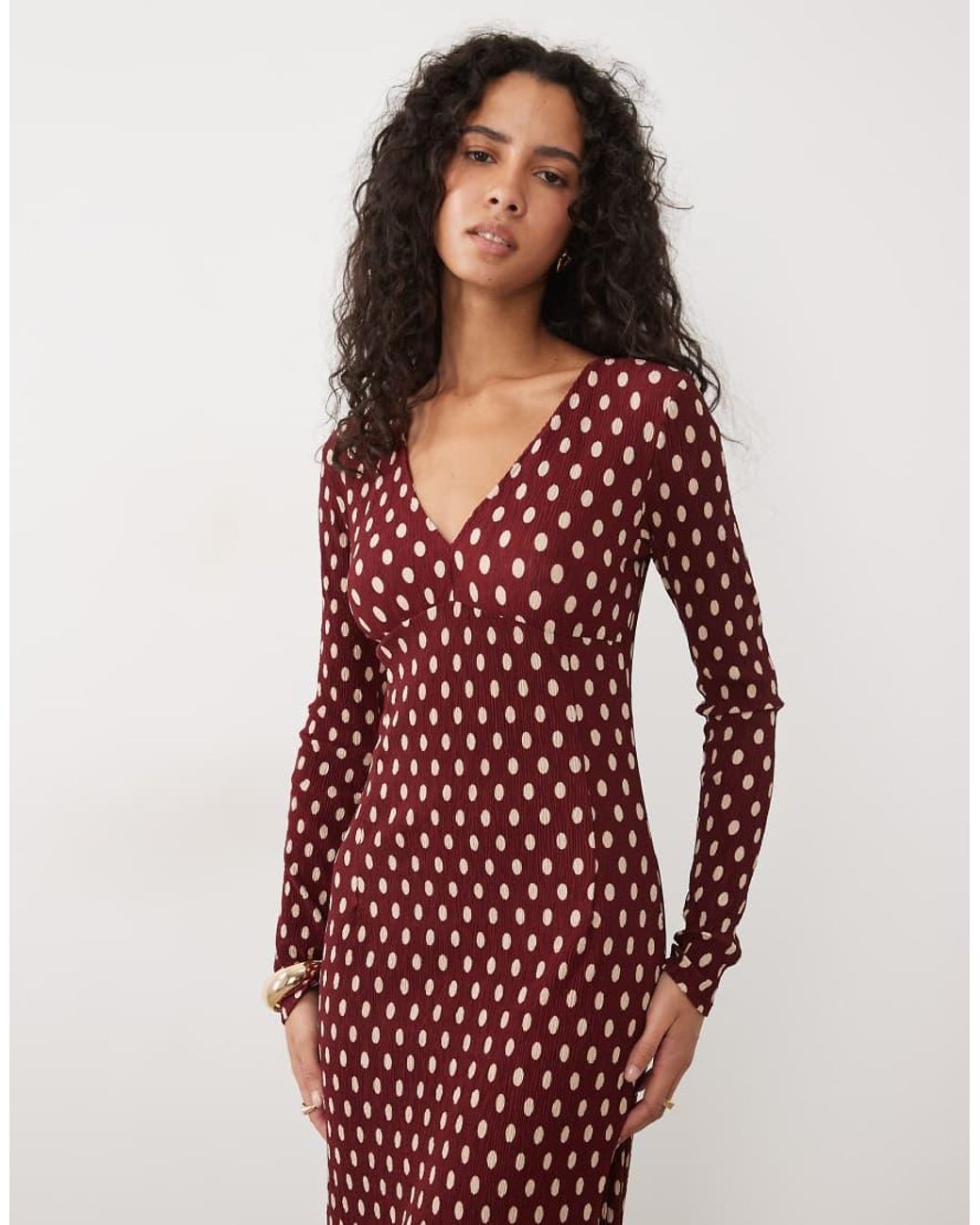 Mango Red Plisse V Neck Long Sleeve Midi Dress