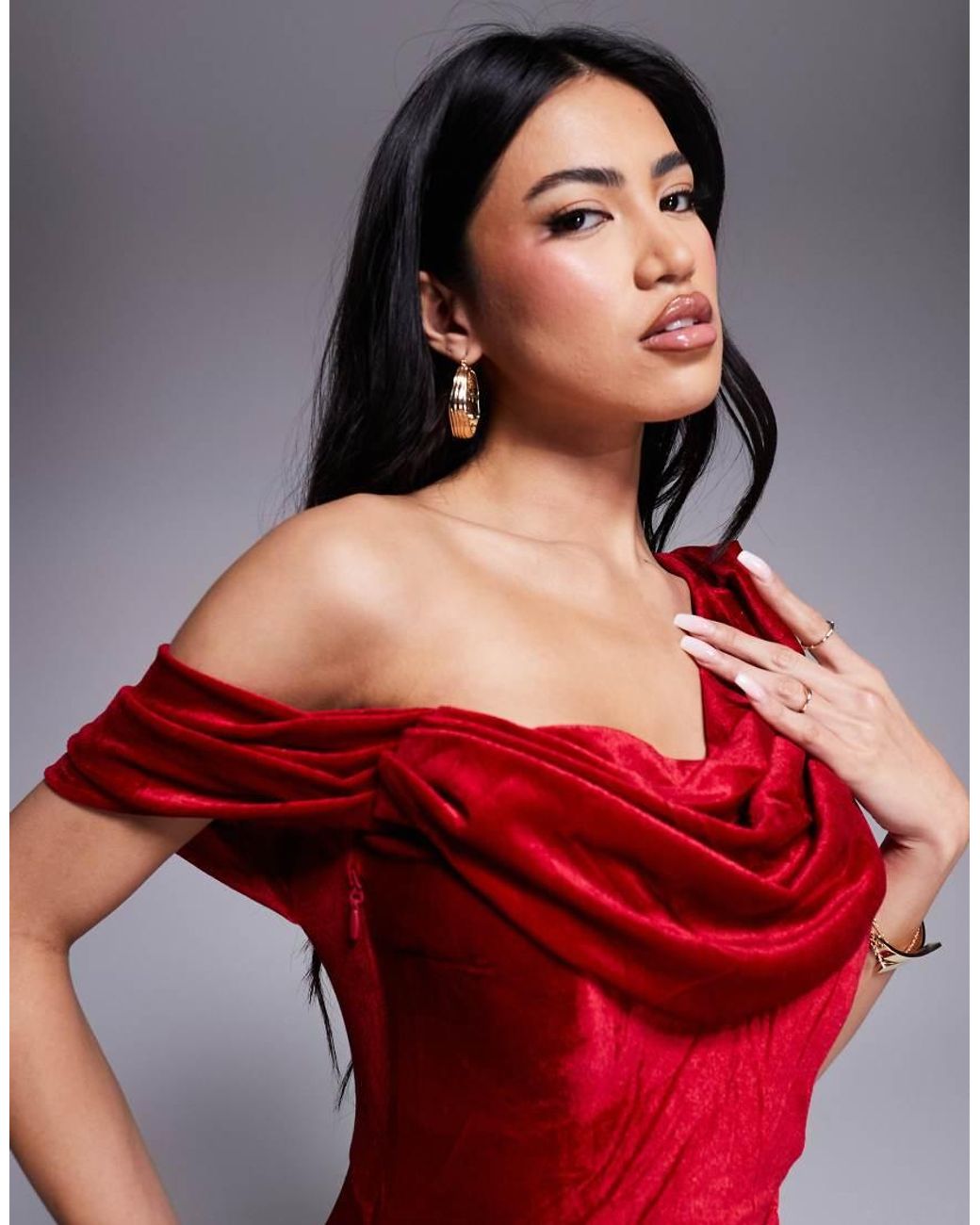Goddiva Red Cowl One Shoulder Velvet Maxi Dress