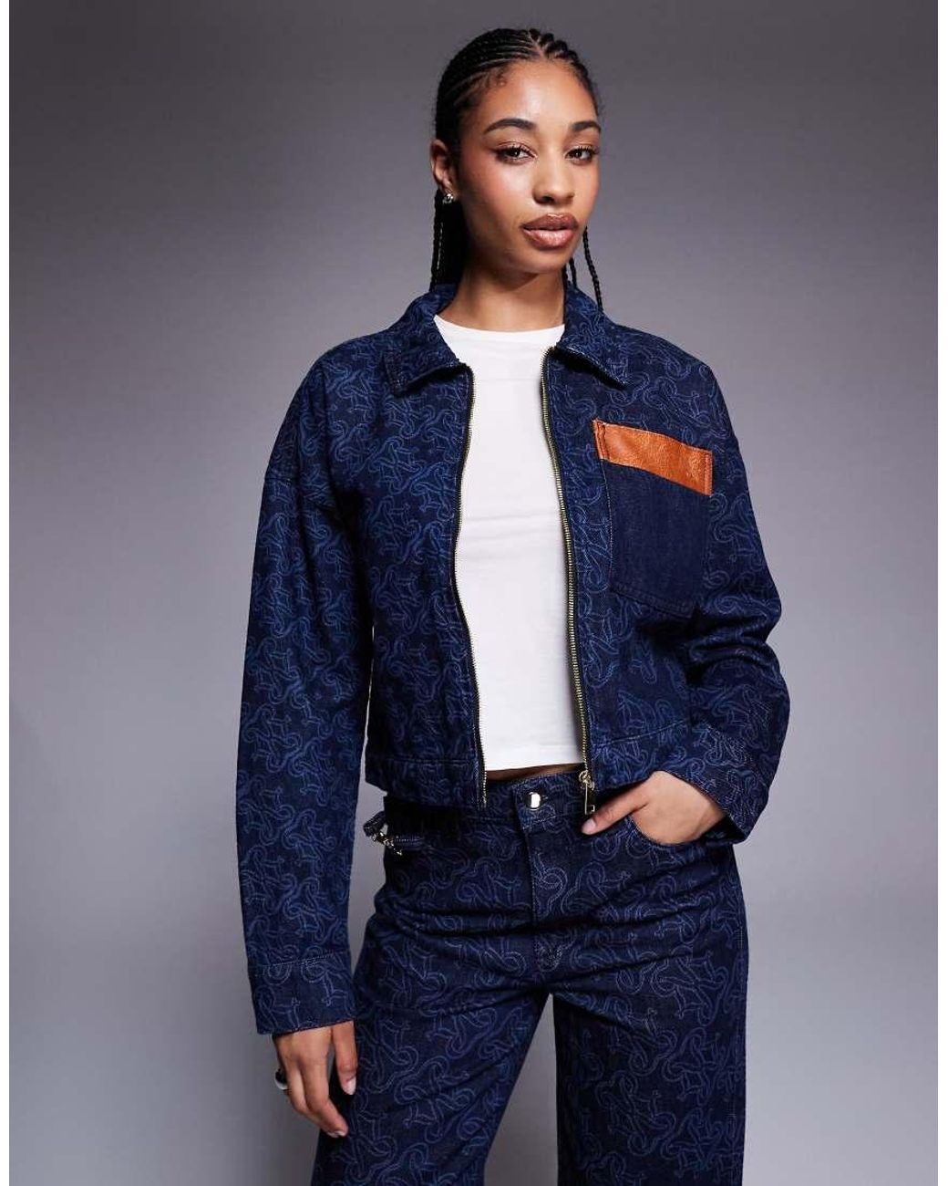 River Island Blue Mongrammed Denim Jacket Co-ord