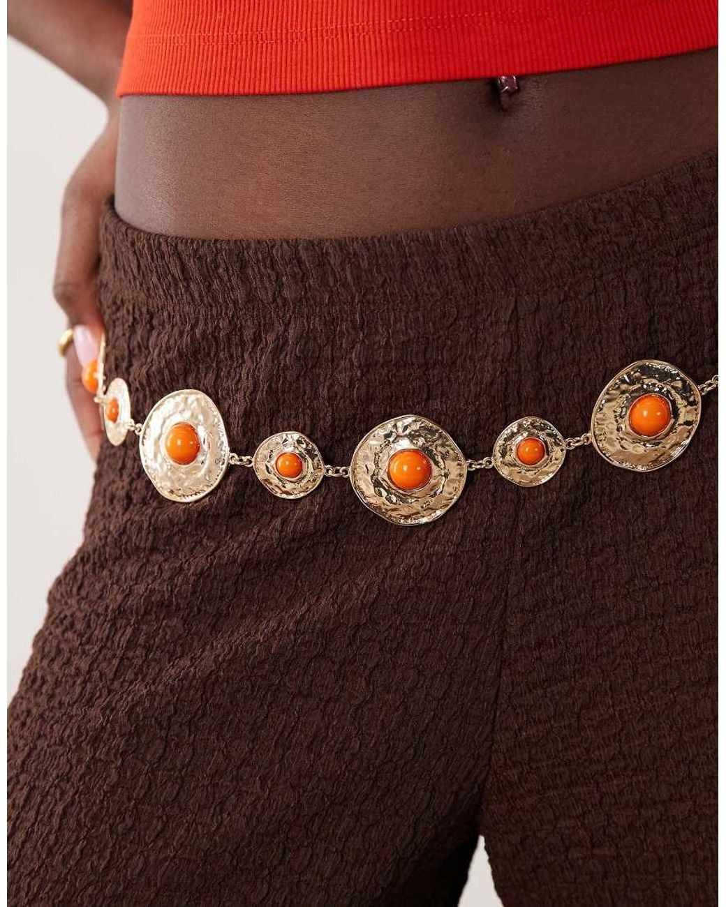 ASOS Natural Waist And Hip Orange Stone Set Chain Belt