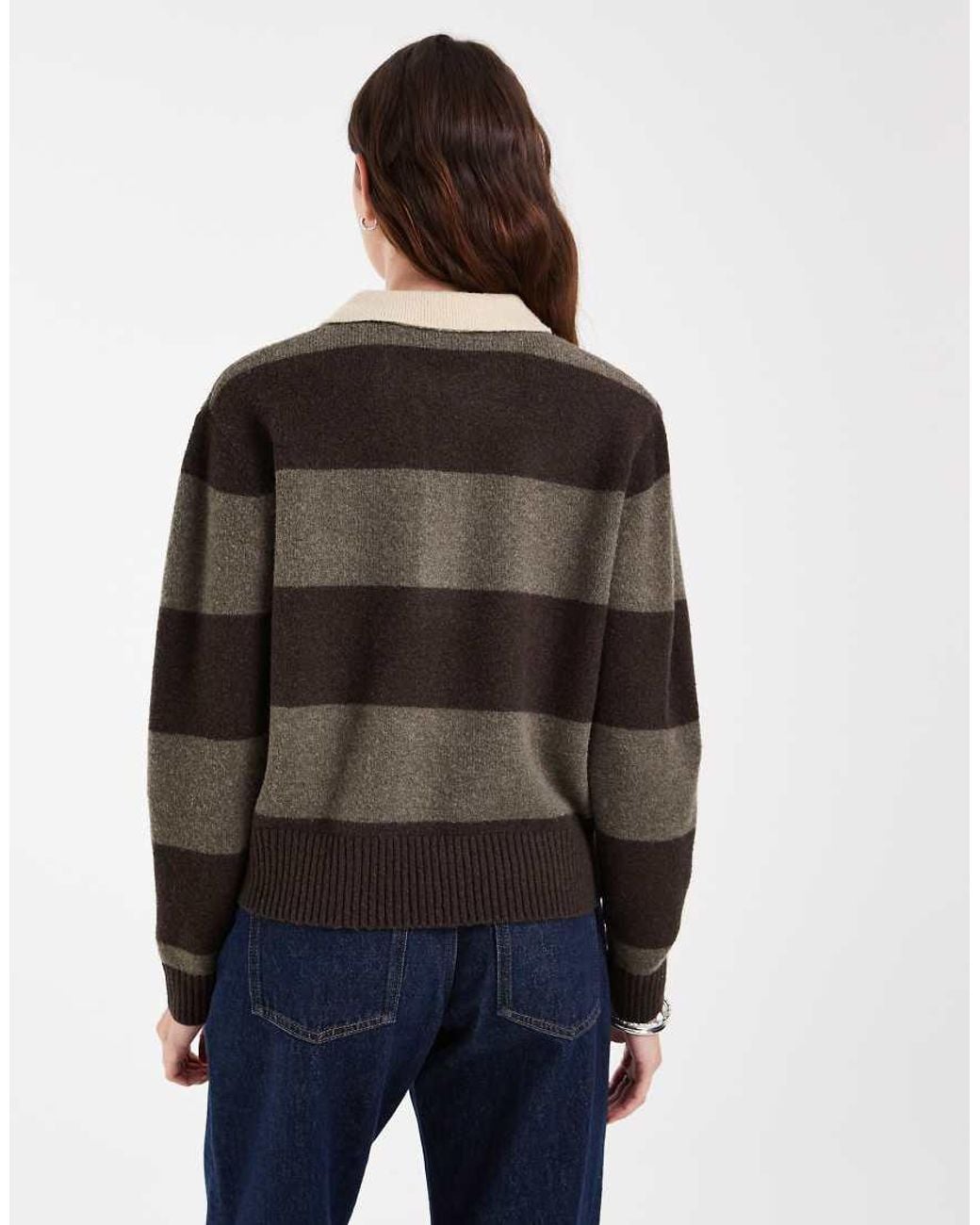 JJXX Brown Long Sleeve Knitted Polo With Stripes