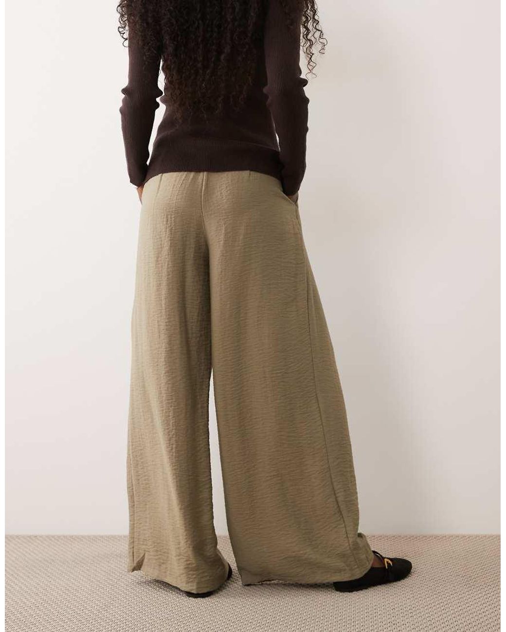 ASOS Natural Textured Wide Leg Trousers With Tie Waist
