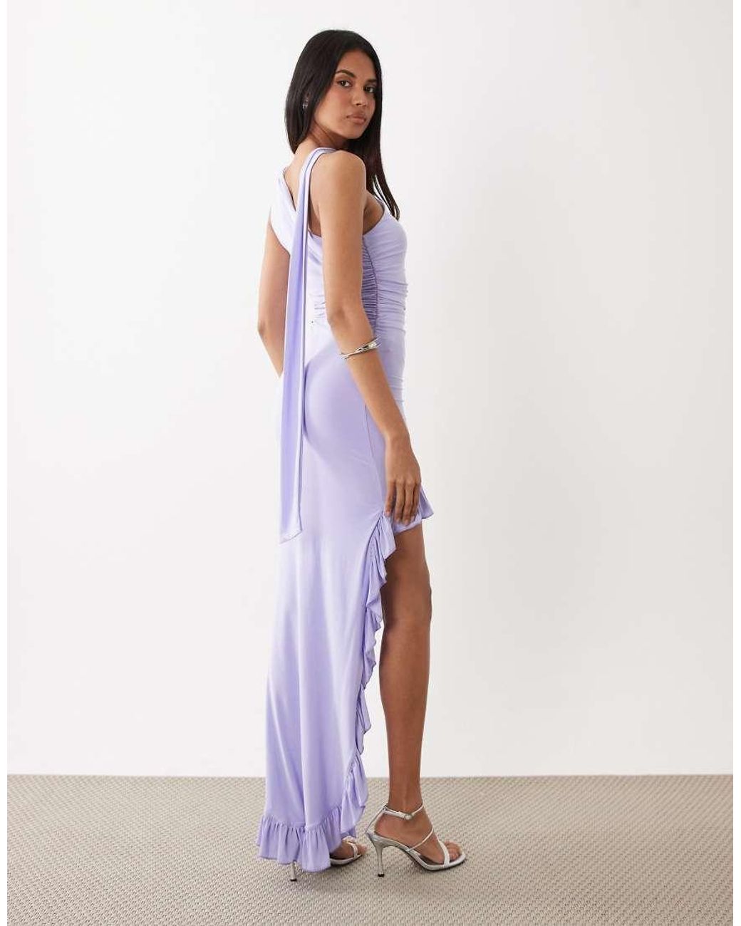 Kaiia Purple Exclusive Double Layered Slinky One Shoulder Scarf Detail Ruffle High-low Mini Dress