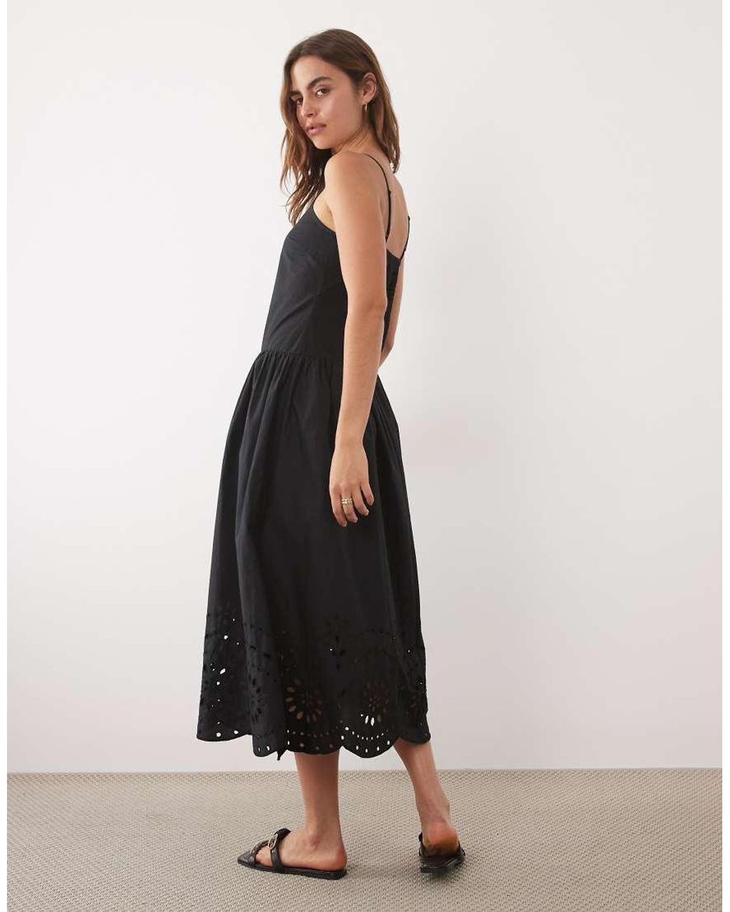New Look Black Broderie Hem Cami Midi Dress