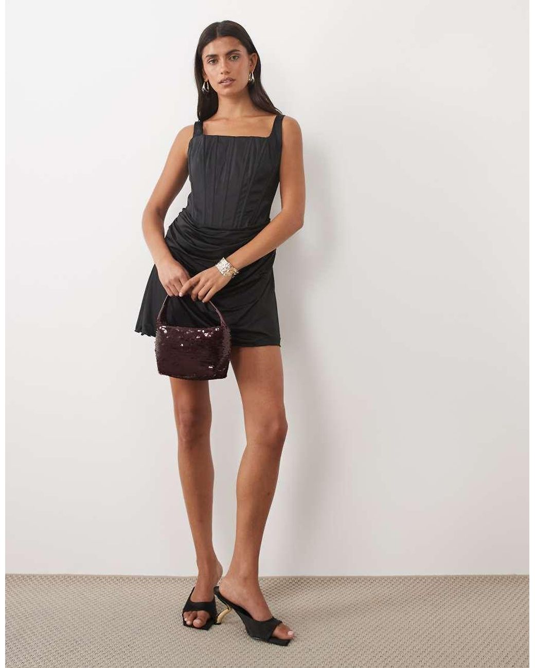 Oh Polly Natural Satin Lace Up Corset Draped Mini Dress