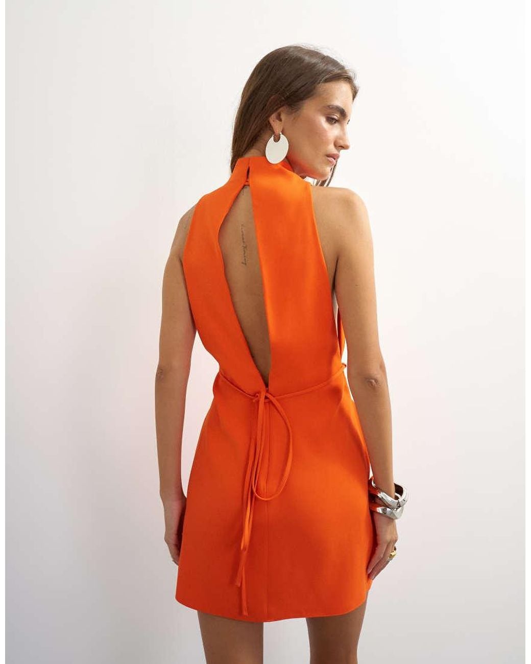TOPSHOP Orange Heavy Crepe High Cowl Neck Mini Dress With Tie Waist