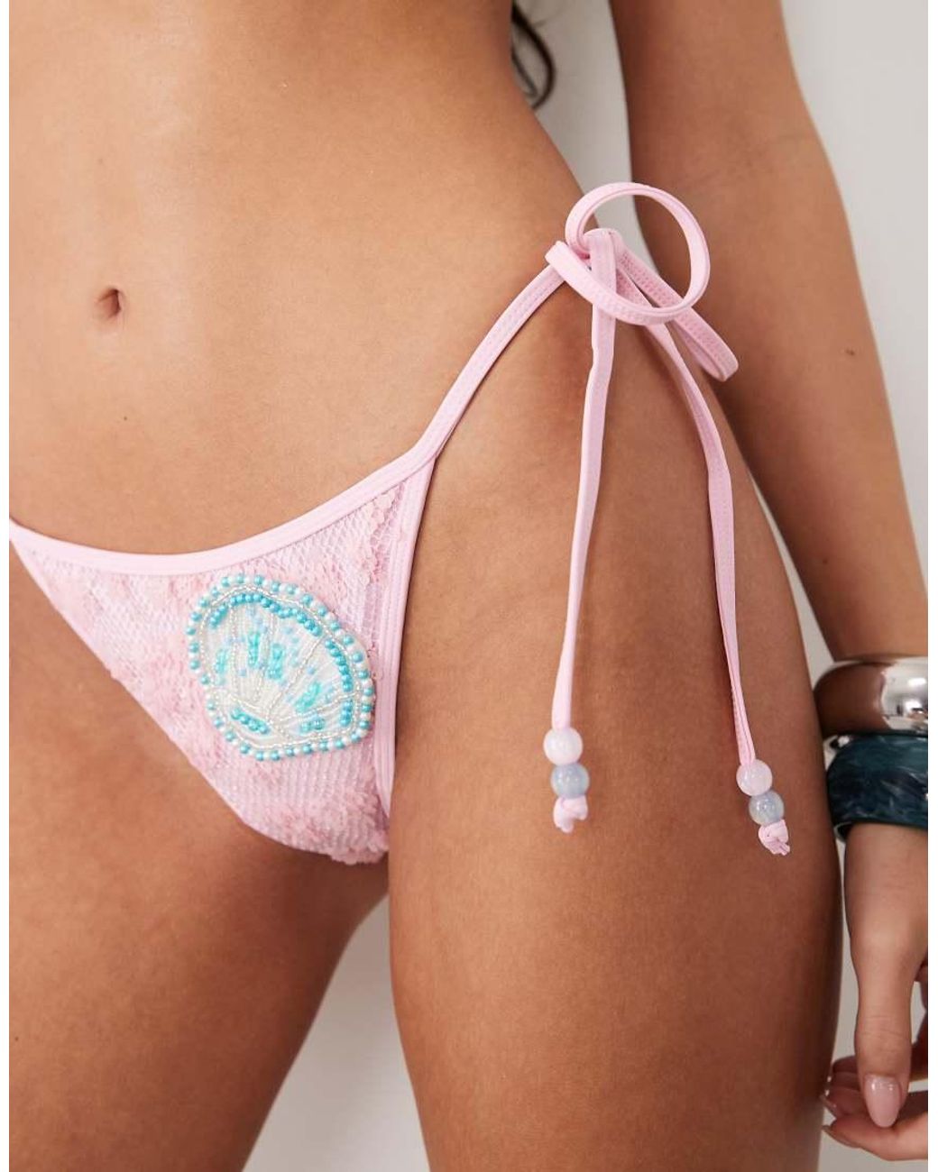 South Beach Brown Sequin Tieside Bikini Bottom With Shell Appliqué