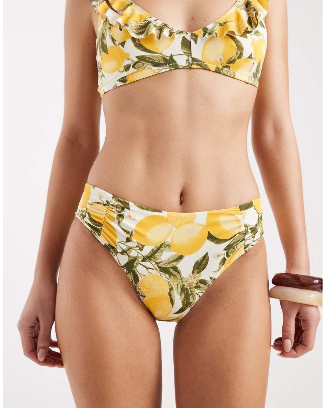 Lindex Multicolor Lemon Print Ruched Side Bikini Bottom