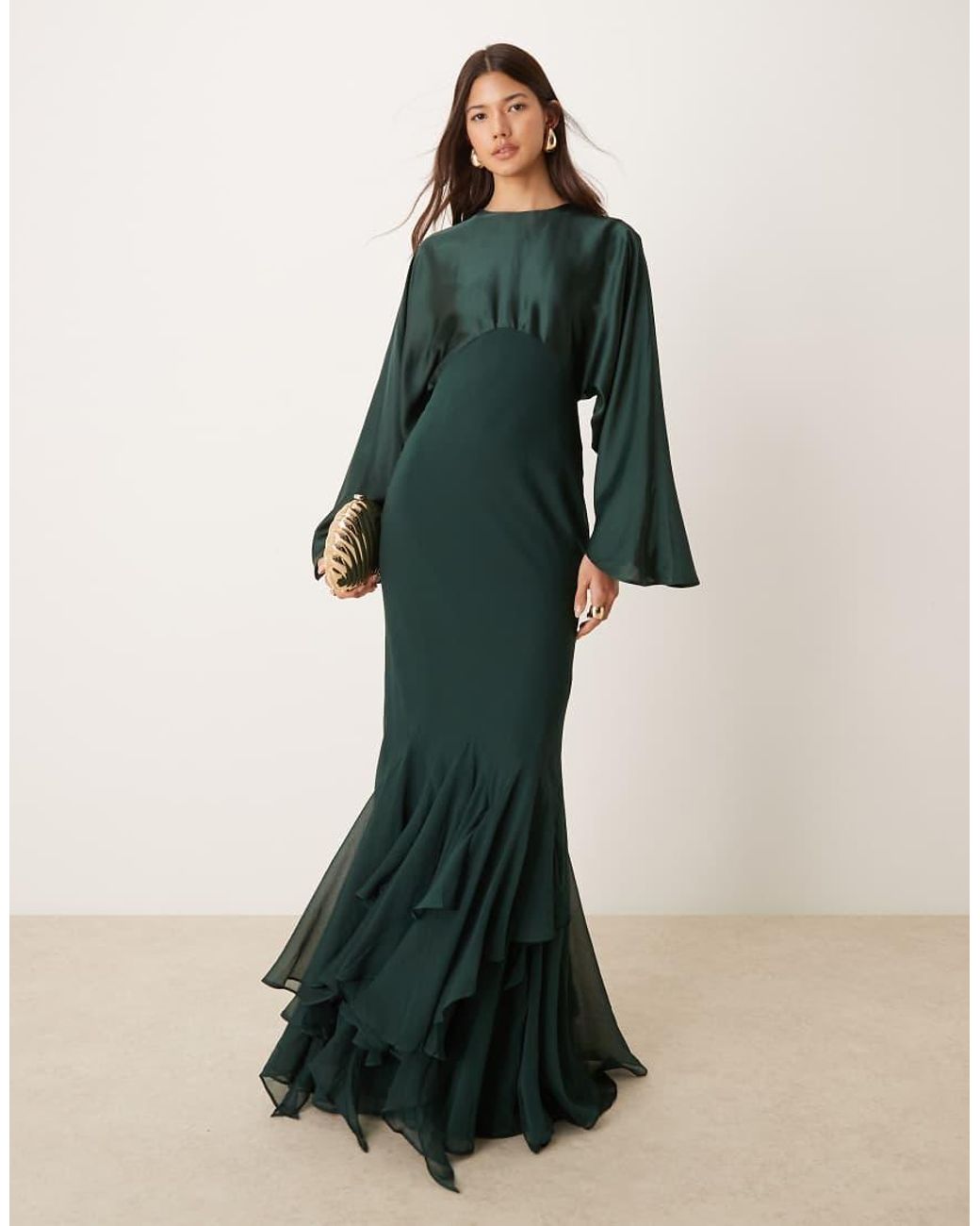 ASOS Cape Sleeve Godet Maxi Dress in Green | Lyst UK