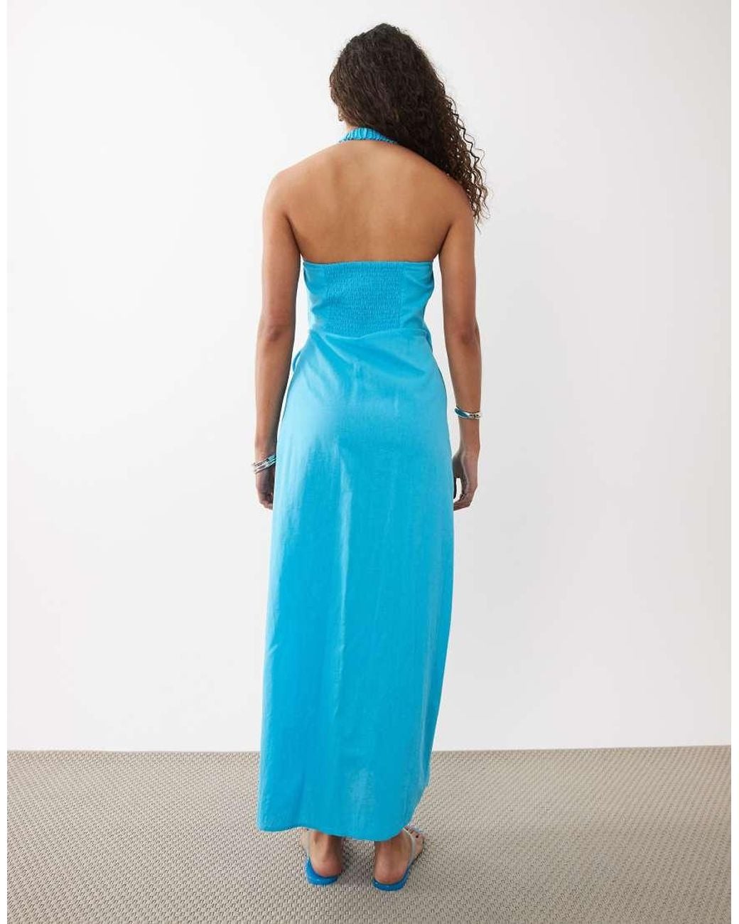 ASOS Blue Cotton Linen Halter Neck Wrap Maxi Sundress