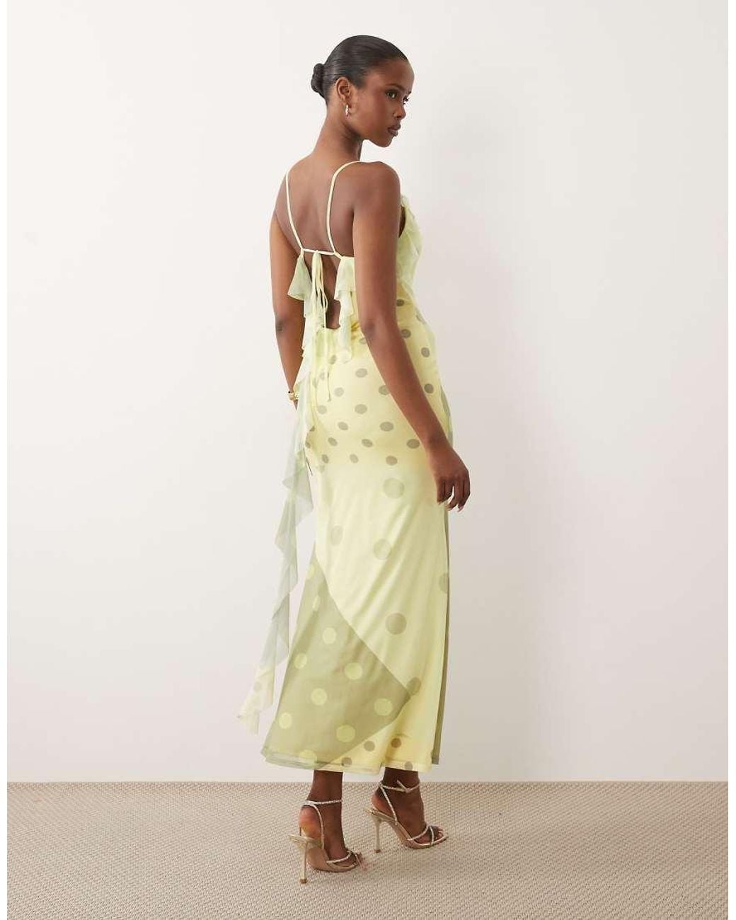 ASOS Green Mesh Spliced Polka Dot Plunge Maxi Dress With Backless Frill Detail