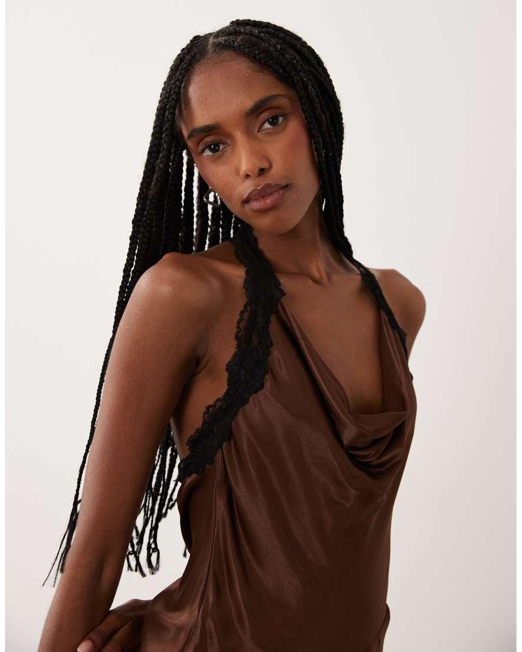 New Look Brown Lace Trim Asymmetric Hem Mini Dress