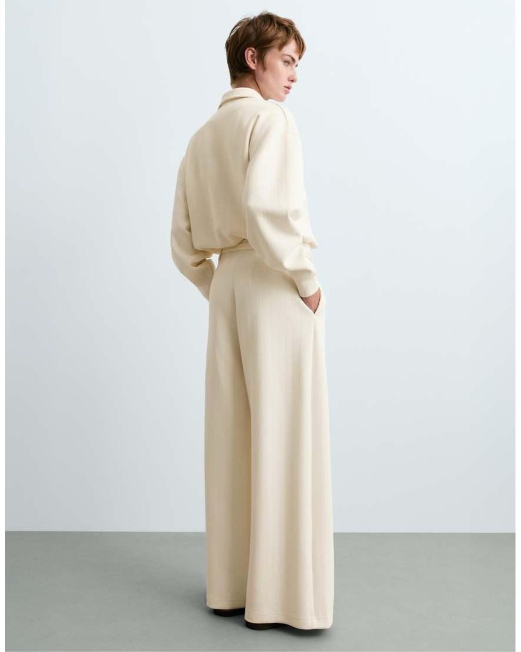 Oysho White Striped Cotton Piqué Wide-Leg Trousers