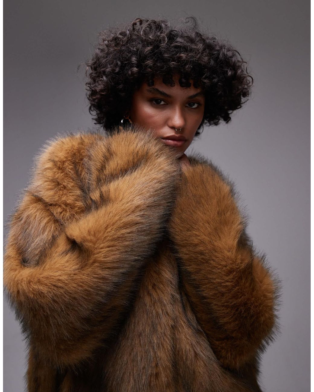 Manteau Court Balançoire En Laine Avec Col En Fourrure - TopShop UK 14, Couleur Flocons D'avoine - Neuf Avec étiquettes