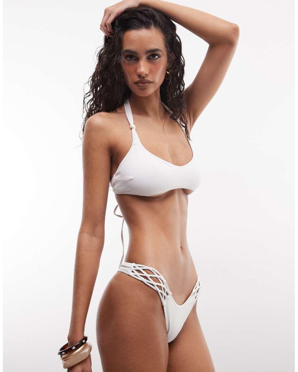 Frankie's Bikinis White X Jennie Kim High Leg Bikini Bottom With Lattice Detail