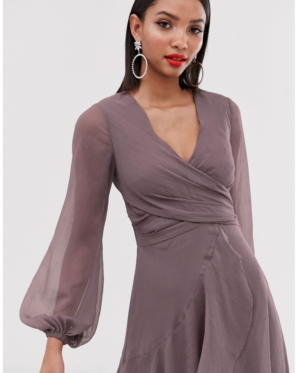 asos design double layer midi embroidered dress with long sleeves