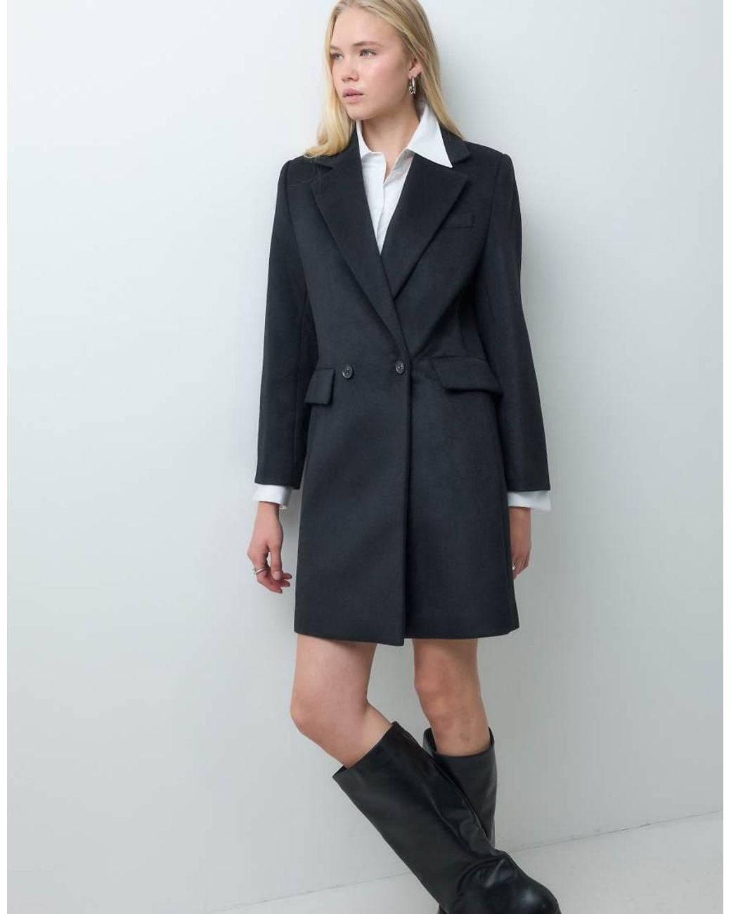 Mango Blue Wool Mix Tailored Midi Coat