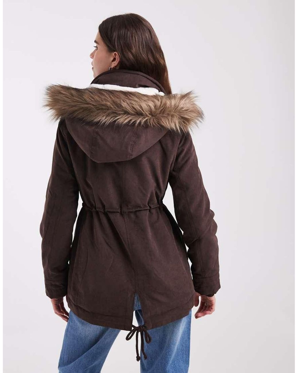 Hollister Brown Teddy Lined Parka Coat With Fur Hood