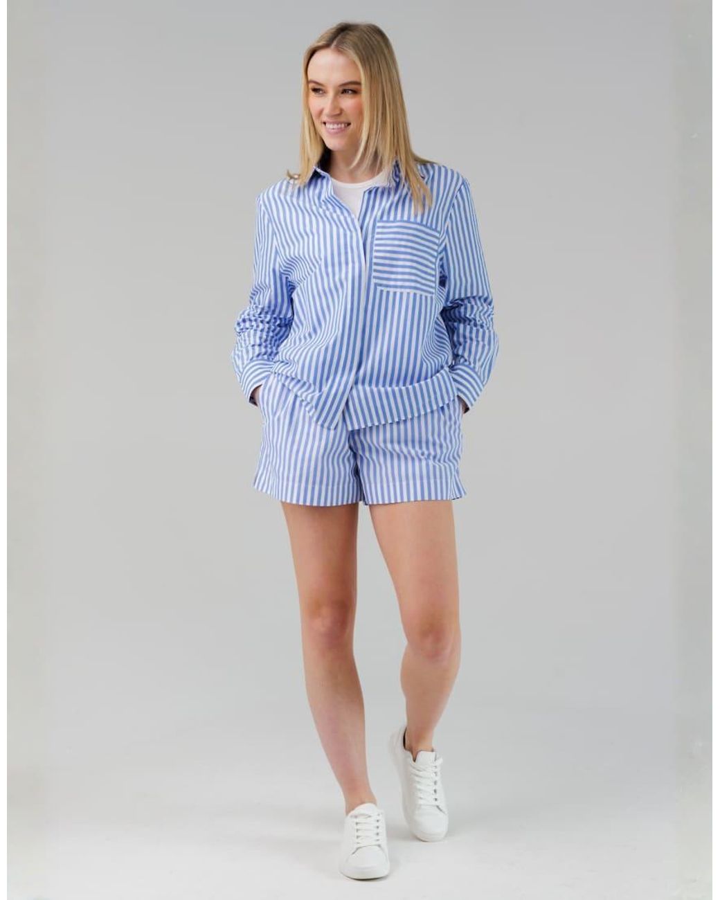 French Connection Blue Cotton Striped Elasticated Waist Shorts
